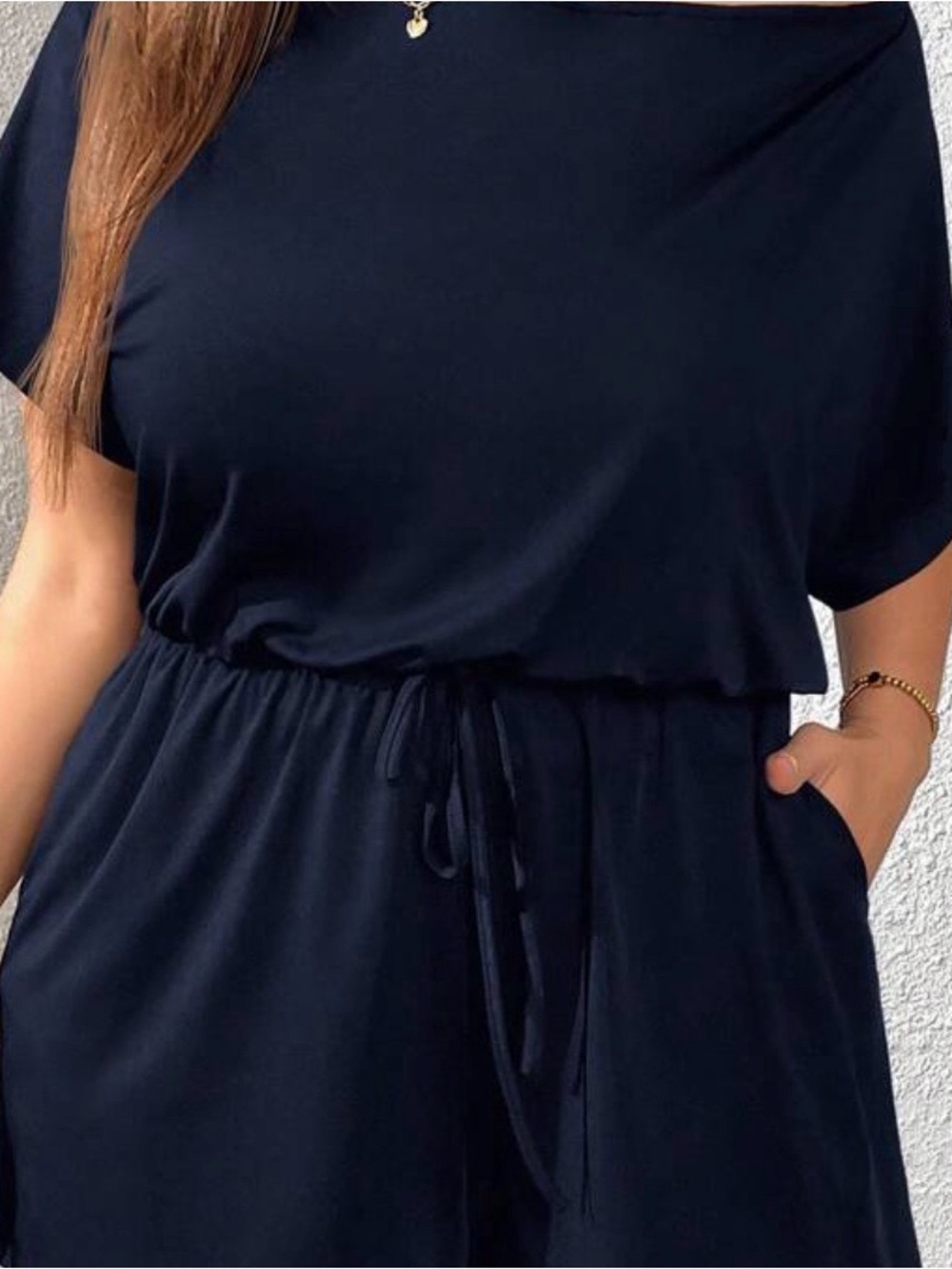 One-Shoulder Drawstring Romper in Navy - Picture 3 of 4